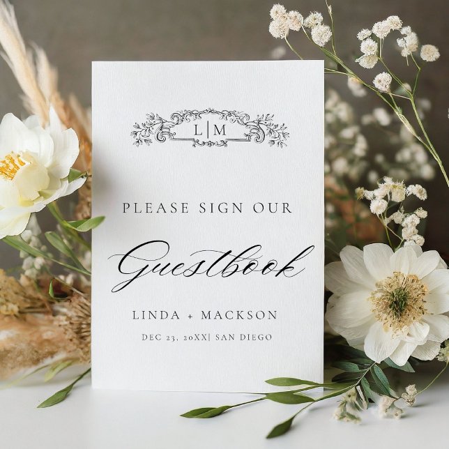 Elegant botanical crest monogram wedding Guestbook Pedestal Sign (Creator Uploaded)