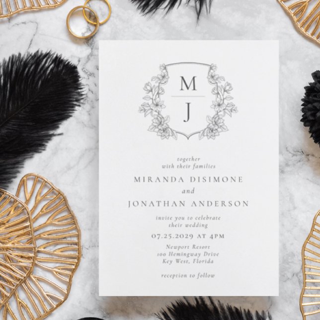 Elegant Botanical Crest Monogram Wedding Invitation (Creator Uploaded)