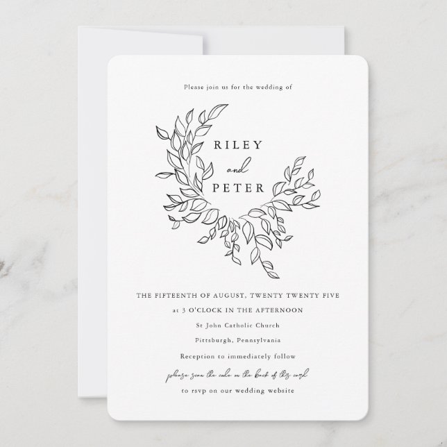 Elegant Botanical Crest with RSVP Code Wedding Invitation (Front)