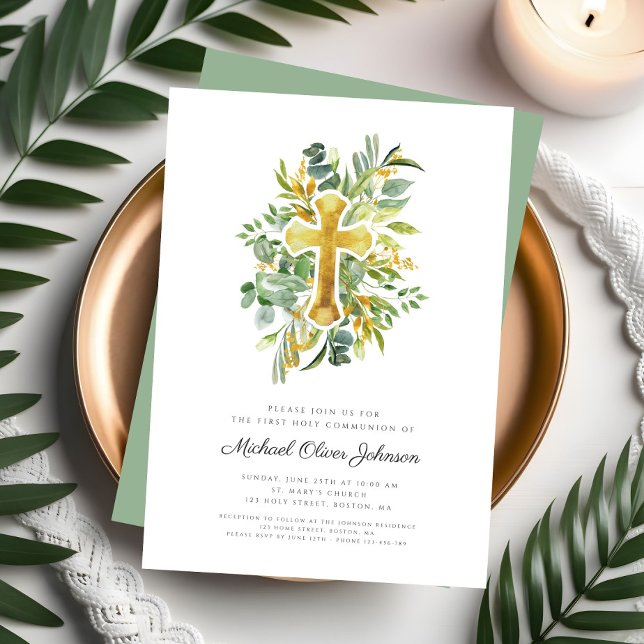 Elegant Botanical Cross First Communion Invitation (Elegant Botanical Cross First Communion Invitation)