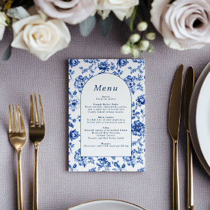Elegant botanical delftware blue and cream menu