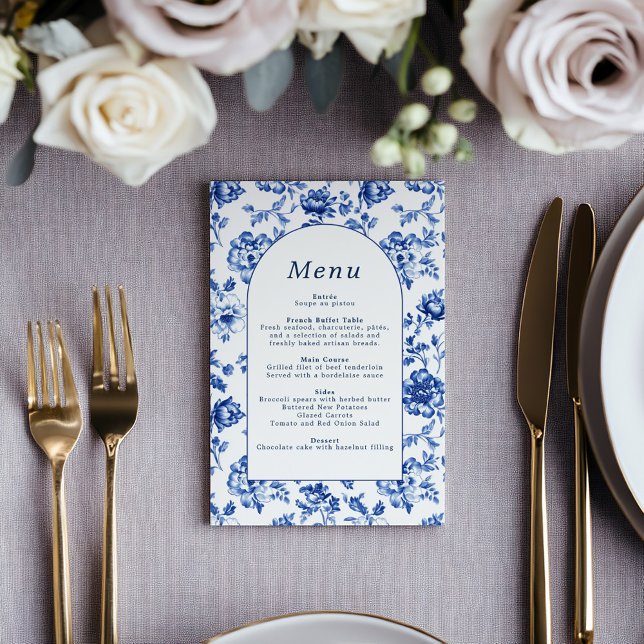 Elegant botanical delftware blue and cream menu (Elegant deep blue delftware style botanical menu, classic and timeless celebration frame.)