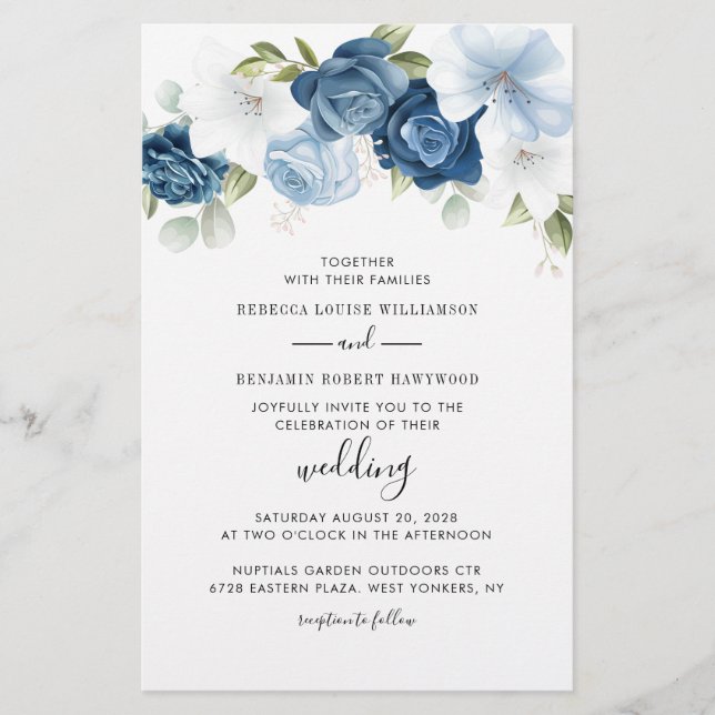 Elegant Botanical Dusty Blue Wedding Invitation Stationery (Front)