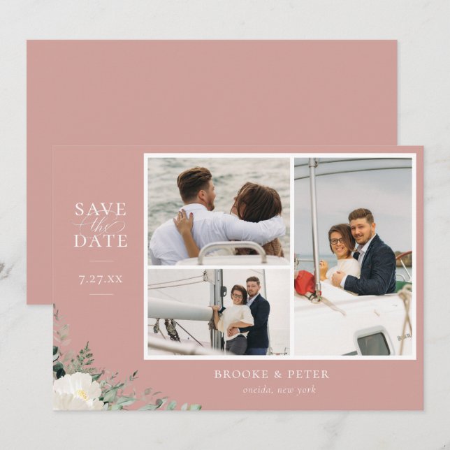 Elegant Botanical Dusty Rose Photo Save The Date (Front/Back)