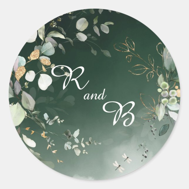 Elegant Botanical Eucalyptus Greenery Monogram     Classic Round Sticker (Front)