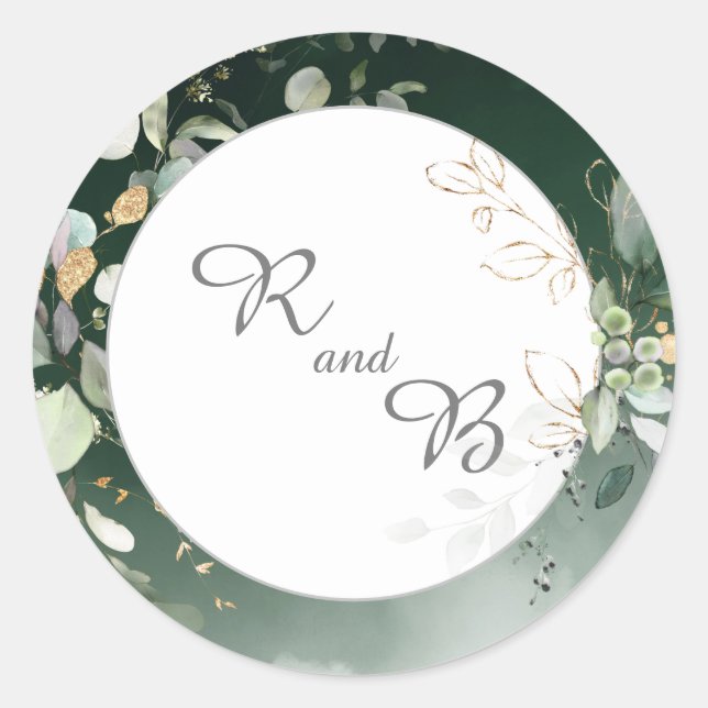 Elegant Botanical Eucalyptus Greenery Monogram    Classic Round Sticker (Front)