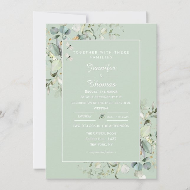 Elegant Botanical Eucalyptus Greenery & Succulent Invitation (Front)