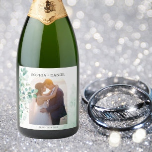 Elegant Botanical Eucalyptus Leaves Photo Wedding Sparkling Wine Label