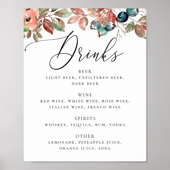 Elegant Botanical Fall Wedding | Bar Drinks Menu Poster (Front)
