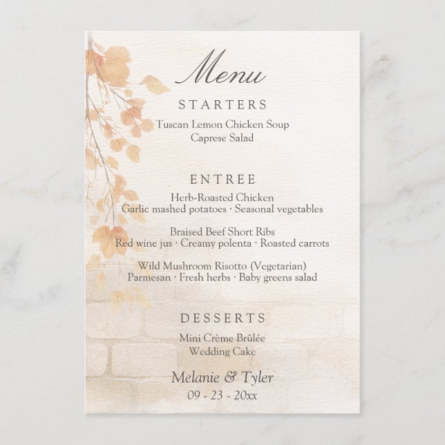 Elegant Botanical Fall Wedding Menu Card (Front)