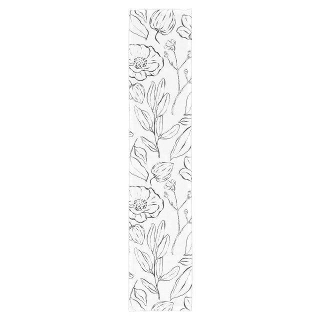 Elegant Botanical Floral Black and White Short Table Runner (Front)