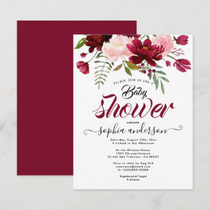 Elegant Botanical Floral Burgundy baby shower Girl Invitation