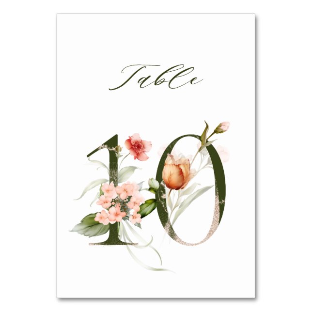 Elegant Botanical Floral Number 10, Table Number (Front)