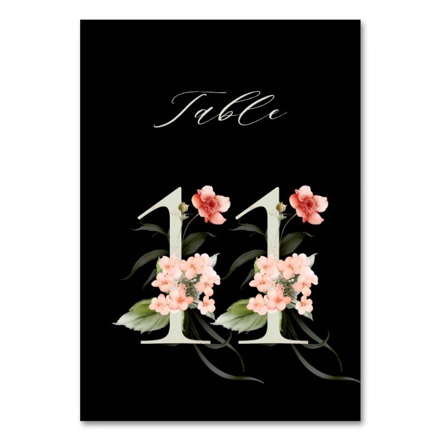 Elegant Botanical Floral Number 11, Black Table Number (Front)