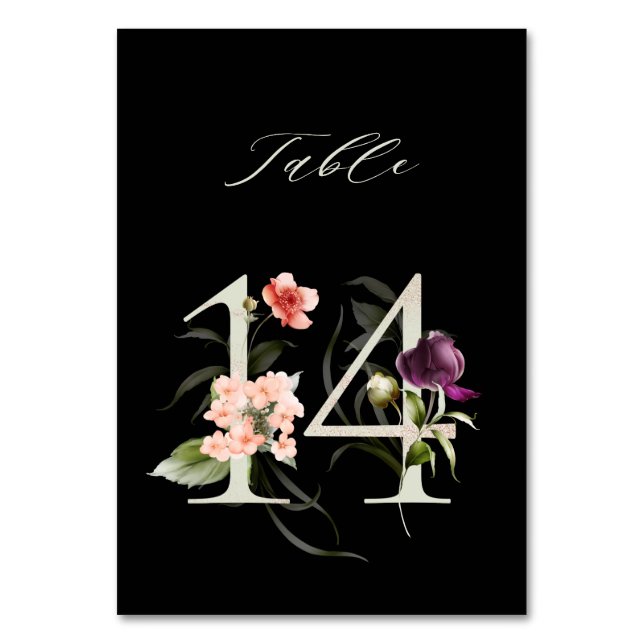 Elegant Botanical Floral Number 14, Black  Table Number (Front)