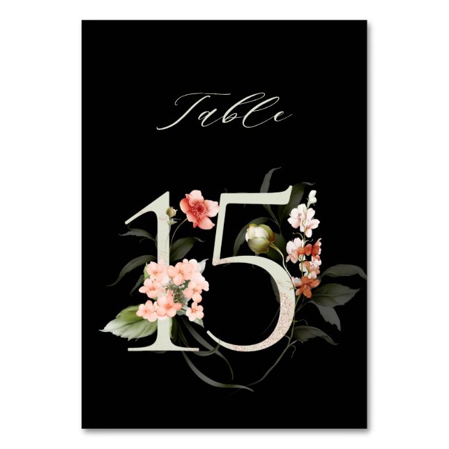 Elegant Botanical Floral Number 15, Black Table Number (Front)