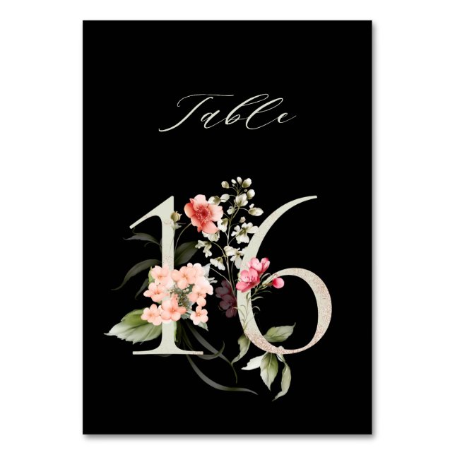 Elegant Botanical Floral Number 16, Black Table Number (Front)