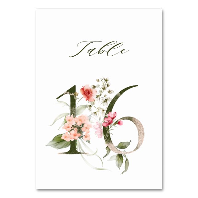 Elegant Botanical Floral Number 16,  Table Number (Front)