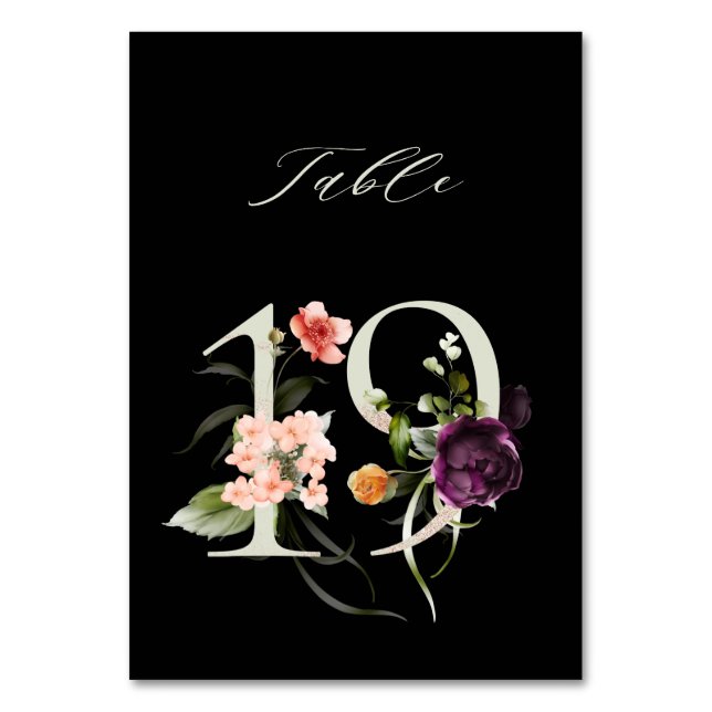Elegant Botanical Floral Number 19, Black Table Number (Front)