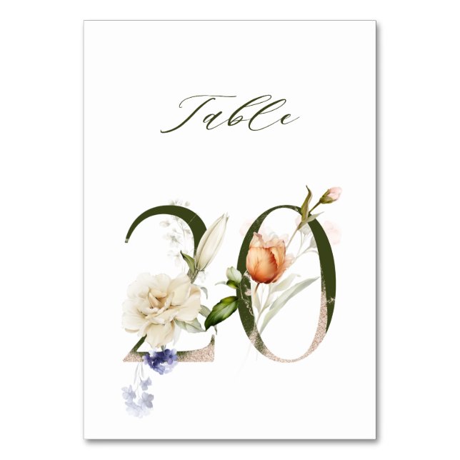 Elegant Botanical Floral Number 20,  Table Number (Front)