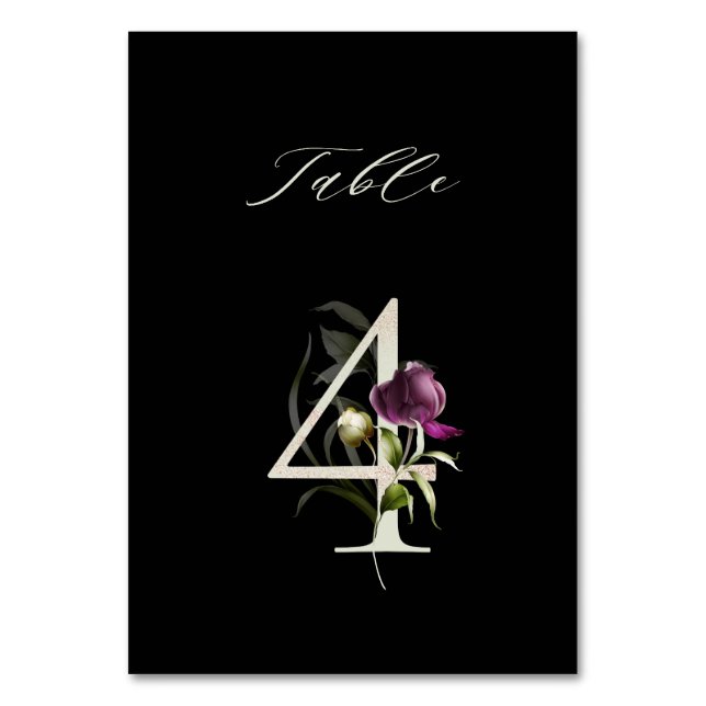 Elegant Botanical Floral Number 4, Black Table Number (Front)