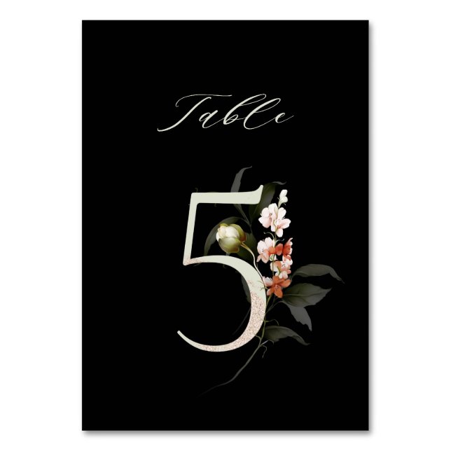 Elegant Botanical Floral Number 5, Black  Table Number (Back)