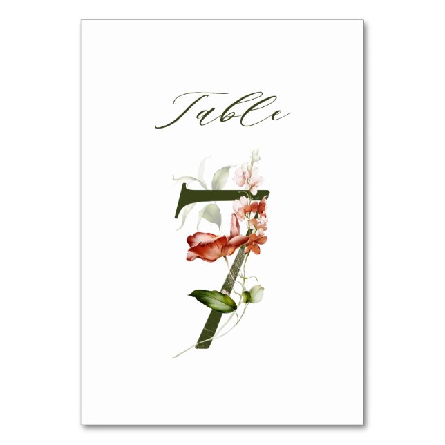 Elegant Botanical Floral Number 7,  Table Number (Front)