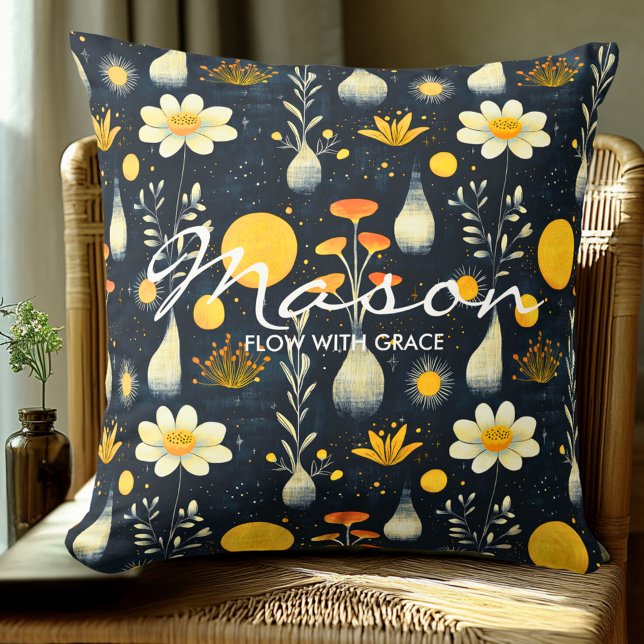 Elegant Botanical Floral Pattern in Navy Yellow Throw Pillow (Creator Uploaded)