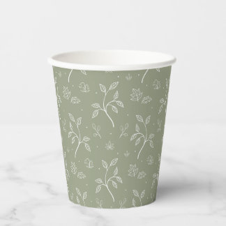 Elegant Botanical Floral Pattern in Olive Green Paper Cups