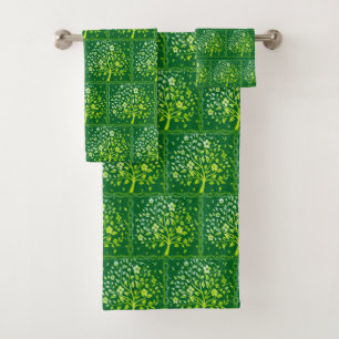 Elegant Botanical Floral Tree Pattern on Green Bath Towel Set