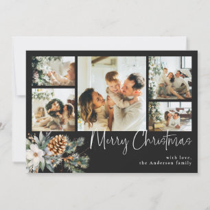 Elegant Botanical Foliage & Photo Black Christmas Holiday Card