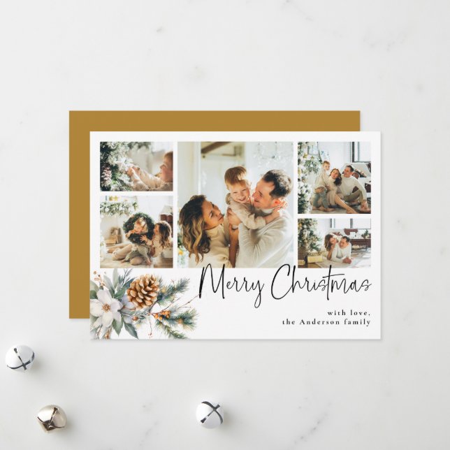 Elegant Botanical Foliage & Photo Gold Christmas Holiday Card (Front/Back In Situ)