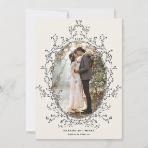Elegant Botanical Frame Married and Merry Photo Holiday Card