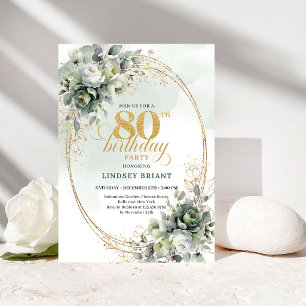 Elegant Botanical Gold 80th Birthday Invitation