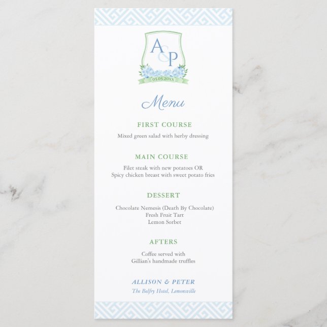 Elegant Botanical Green Blue Monogram Wedding Menu (Front)