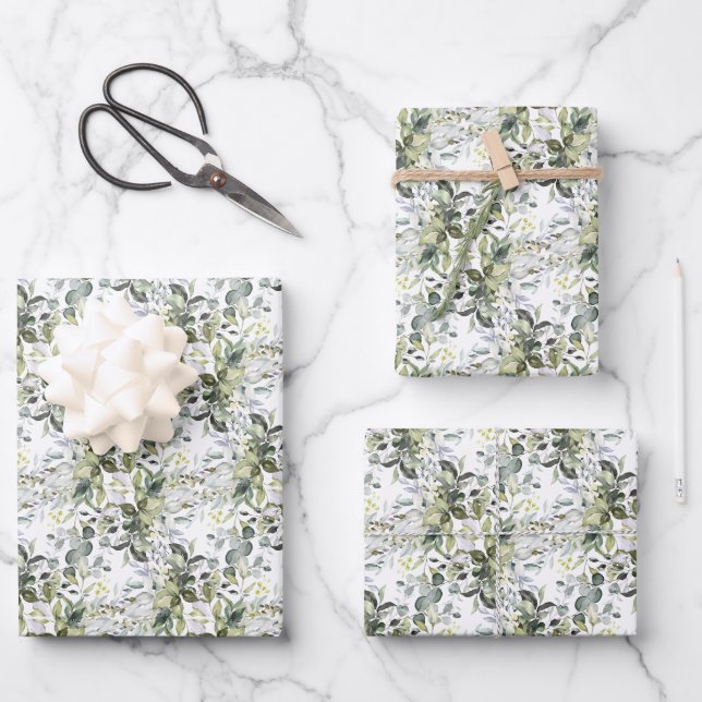 Elegant botanical green eucalyptus gold geometric  wrapping paper sheet (Front)
