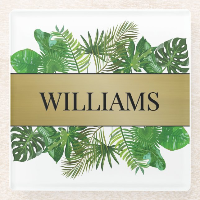 Elegant Botanical Green Faux Gold Palm Leaf Glass Coaster (Front)