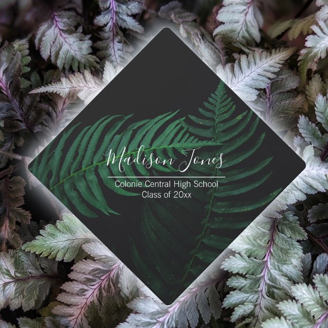 Elegant Botanical Green Fern Leaf On Black Script Graduation Cap Topper (Creator Uploaded)
