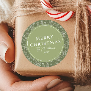 Elegant Botanical Green Floral Merry Christmas  Classic Round Sticker