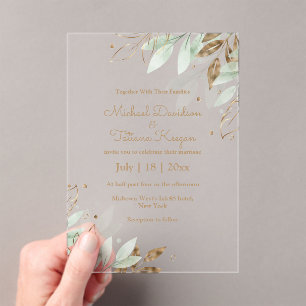 elegant botanical green gold script wedding acrylic invitations