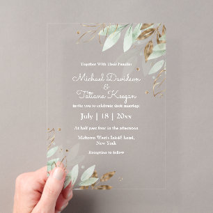 elegant botanical green gold stylish wedding acrylic invitations
