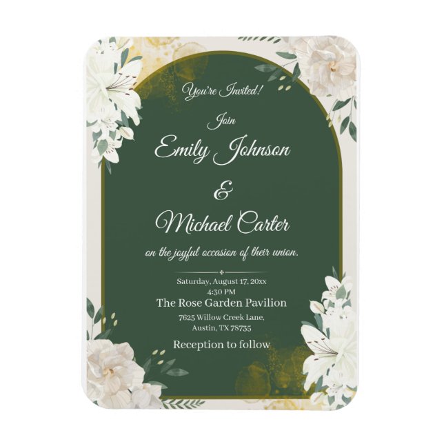 Elegant Botanical Green & Gold Wedding Invitation Magnet (Vertical)