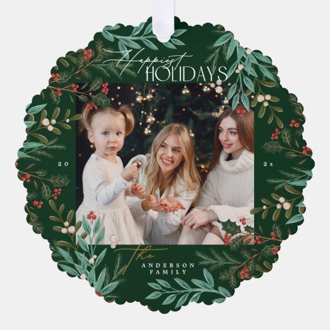 Elegant Botanical Green Happy Holiday photo Ornament Card (Front)