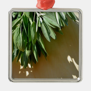 Elegant botanical green herbs leaves sage metal ornament