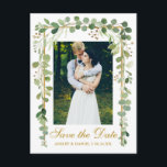 Elegant Botanical Green Photo Gold Save The Date Announcement Postcard<br><div class="desc">Modern Elegant,  Botanical Green Eucalyptus Leaves,  Gold Frame,  Save The Date Engagement Photo Postcard</div>