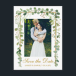 Elegant Botanical Green Photo Gold Save The Date Announcement Postcard<br><div class="desc">Modern Elegant,  Botanical Green Eucalyptus Leaves,  Gold Frame,  Save The Date Engagement Photo Postcard</div>