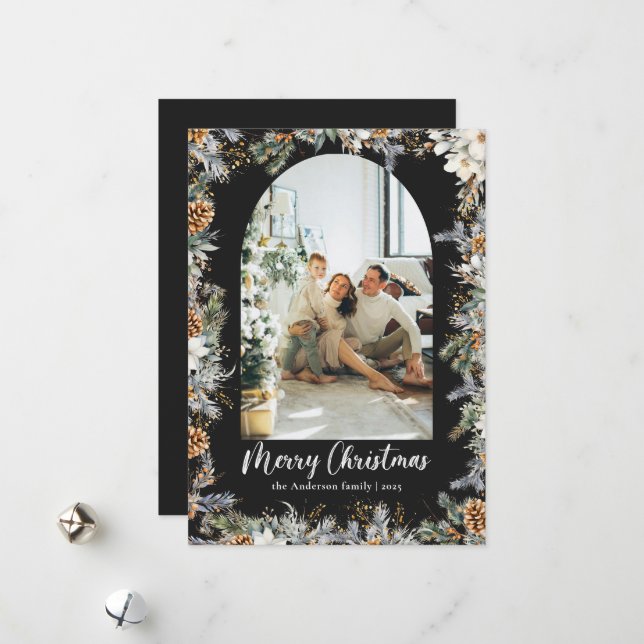 Elegant Botanical Greenery & Arch Black Christmas Holiday Card (Front/Back In Situ)