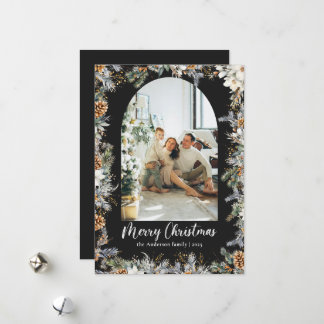 Elegant Botanical Greenery & Arch Black Christmas Holiday Card