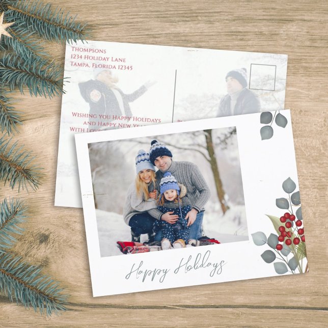 Elegant Botanical Greenery Blue Script Multi Photo Holiday Postcard (Creator Uploaded)