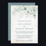 Elegant Botanical Greenery Eucalyptus Wedding Invitation<br><div class="desc">Elegant wedding invitation featuring eucalyptus leaves and greenery with a hint of blue at the top. Below are your event details in dark green with the word "and" along with your reception information in a script font, over a pastel watercolor wash. The backside is a matching shade of soft blue...</div>
